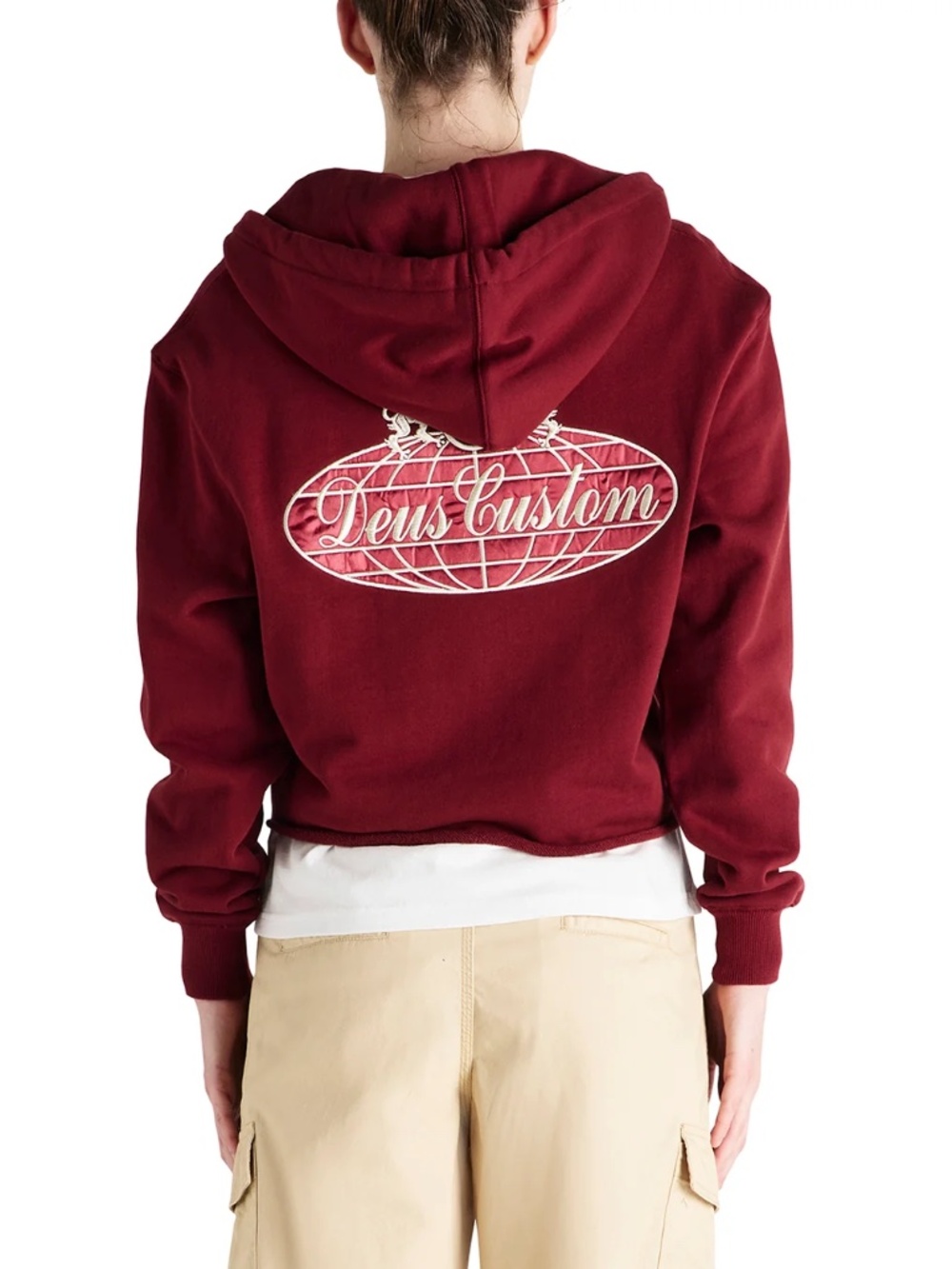 Deus Ex Machina Thunder Hoodie Cropped Three Quarter Zip Red Raw Hem Womens M
